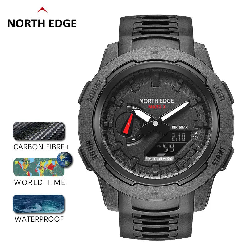 Relojes NORTH EDGE para Hombre MARS3, Caja de Fibra de Carbono de 45 mm, Cronómetro, Reloj de Alarma, Hora Mundial, Resistente al Agua hasta 50 m, Reloj para Hombre.