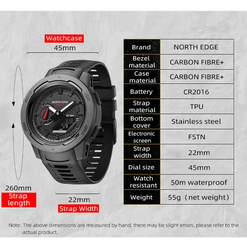 Relojes NORTH EDGE para Hombre MARS3, Caja de Fibra de Carbono de 45 mm, Cronómetro, Reloj de Alarma, Hora Mundial, Resistente al Agua hasta 50 m, Reloj para Hombre.